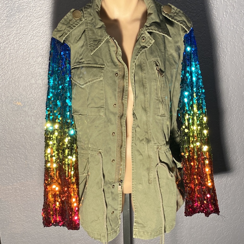 BARNEYS NY - NWT - jacket: olive green w rainbow sequined long sleeves - 42 / 8 - Picture 2 of 16